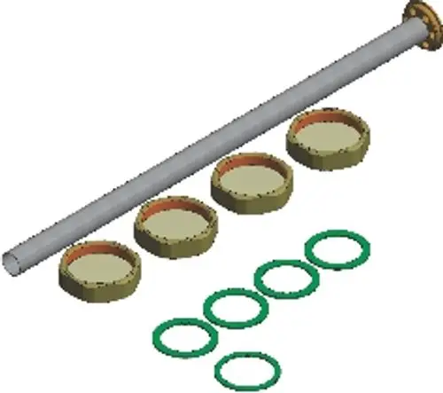 Set bestehend aus einer langen Metallstange, mehreren runden, flachen Dichtungen sowie grünen Dichtungsringen, geeignet für die Anwendung im Zusammenhang mit Wolf Produkten.
